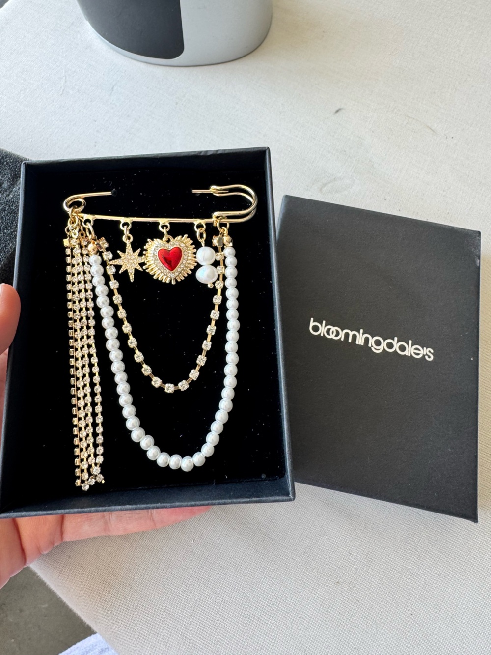 BLOOMINGDALE'S Gold Safety Pin Charm Brooch Pearl Heart Crystal Tassel NIB